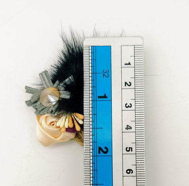 Hand Embroidered Black and Beige Floral Applique With Feather Pom Poms and Stones, 2 Pcs